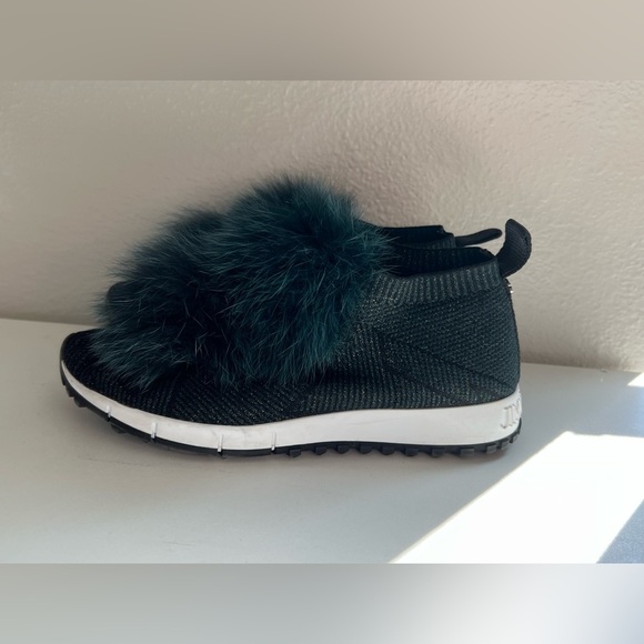 Jimmy Choo Norway Mink Fur & Metallic Green Knit Slip-On Sneakers Size 38 - Picture 5 of 12